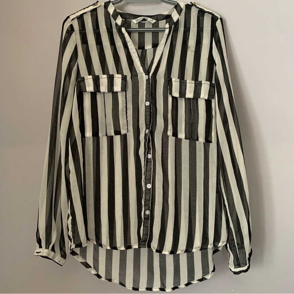 Bluenotes Black White Striped Sheer Button Up Blouse Size L